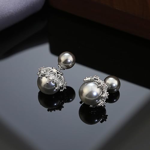 El Regalo Beautiful Double Sided Pearl Earrings for Women - Elegant Crown Rhinestone Front Back Studs | Korean Style Moti Earrings (Silver Grey)