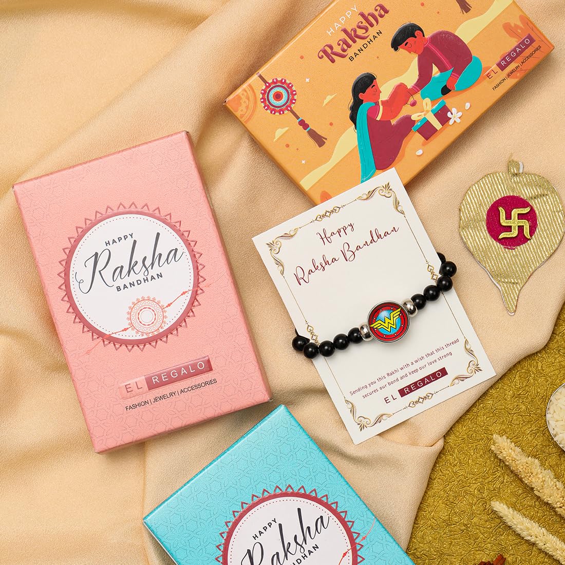 El Regalo 1PC Superhero Kids Marvel Theme Rakhi with Replacement Button for Brother- Kids Unisex Rakhi with Roli Chawal, Rakhi Message Card in Rakhi Gift Box for Little Bro (Wonder Women Rakhi)