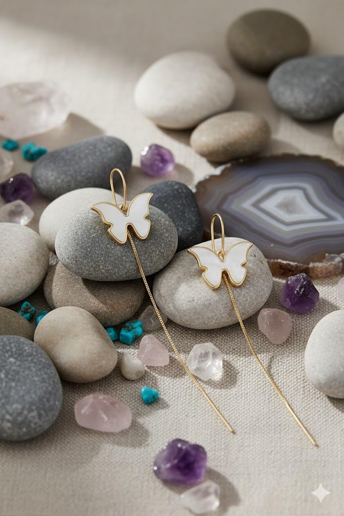El Regalo Butterfly Threader Earrings for Women & Girls | Lightweight Long Chain Dangle Earrings | Trendy Gold Plated Butterfly Sui Dhaga Earrings | Minimal Elegant Jewelry (Shell White)