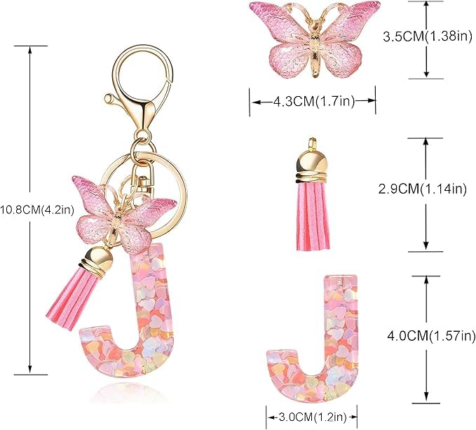 El Regalo Personalized Name Initials Butterfly Charm Keychain - Custom Letter Keyring with Pink Tassel & Butterfly Pendant, Purse, Bag, Backpack Accessory (J Letter)