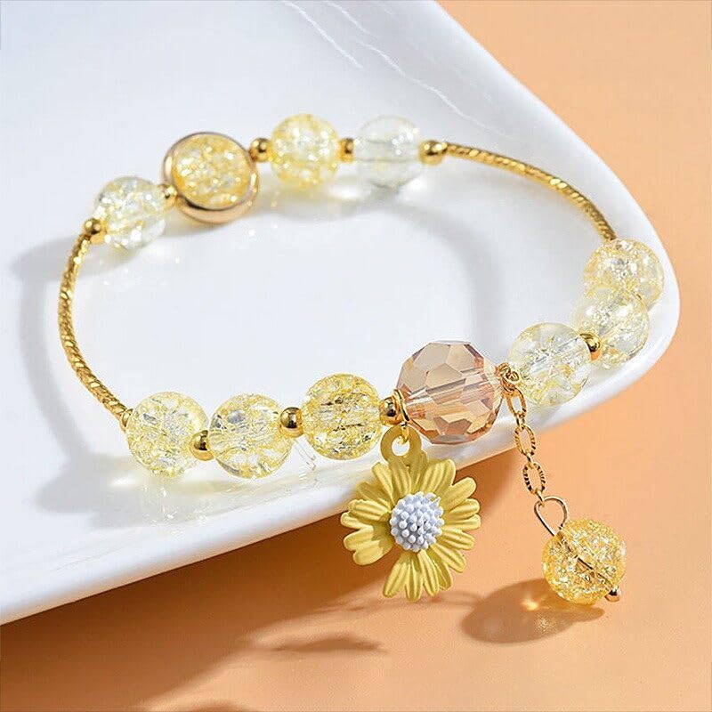 El Regalo 1PC Daisy Flower/Sunflower Crackle Beads Stretch Bracelet for Girls & Women- Fancy Floral Bracelets (Yellow)