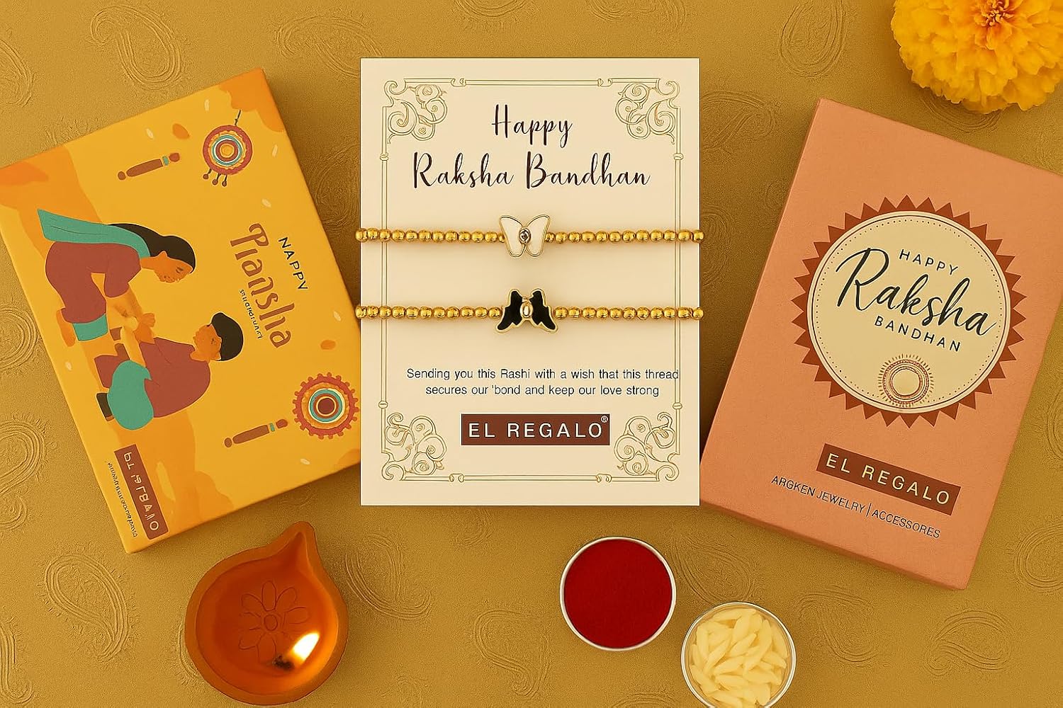 El Regalo 2PCs Evil Eye Rakhi Combo for Brother - Stylish Beaded & Thread Set with Roli Chawal - Raksha Bandhan Pack for Bhaiya, Boys, Girls, Men - Comes on Designer Rakhi Card (Option-3)