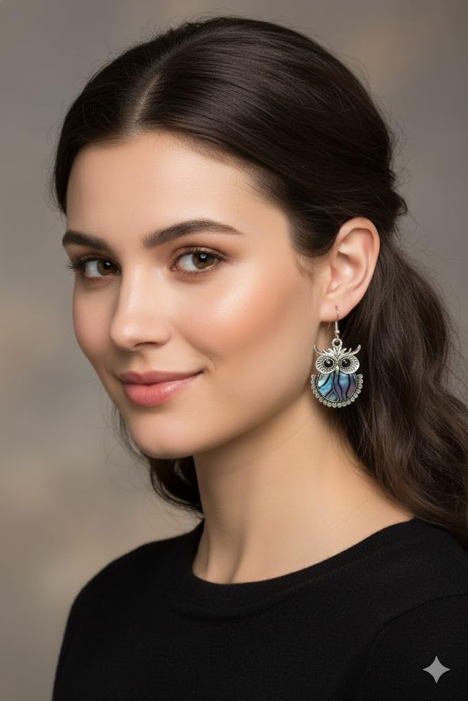 El Regalo Cute Vintage Owl Dangle Earrings for Women & Girls, Boho Ethnic Silver Tone Drop Earrings with Hook - Fashion Owl Jewellery Gift (Owl Style-1)