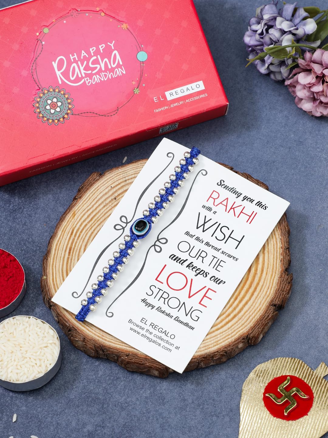 El Regalo Simple & Elegant Evil Eye Rakhi for Brother- Silver & Golden Beads Evil Eye Bracelet Rakhi for Brother/Bhai/Bhaiya with Roli Chawal in Rakhi Gift Box (Silver Blue)