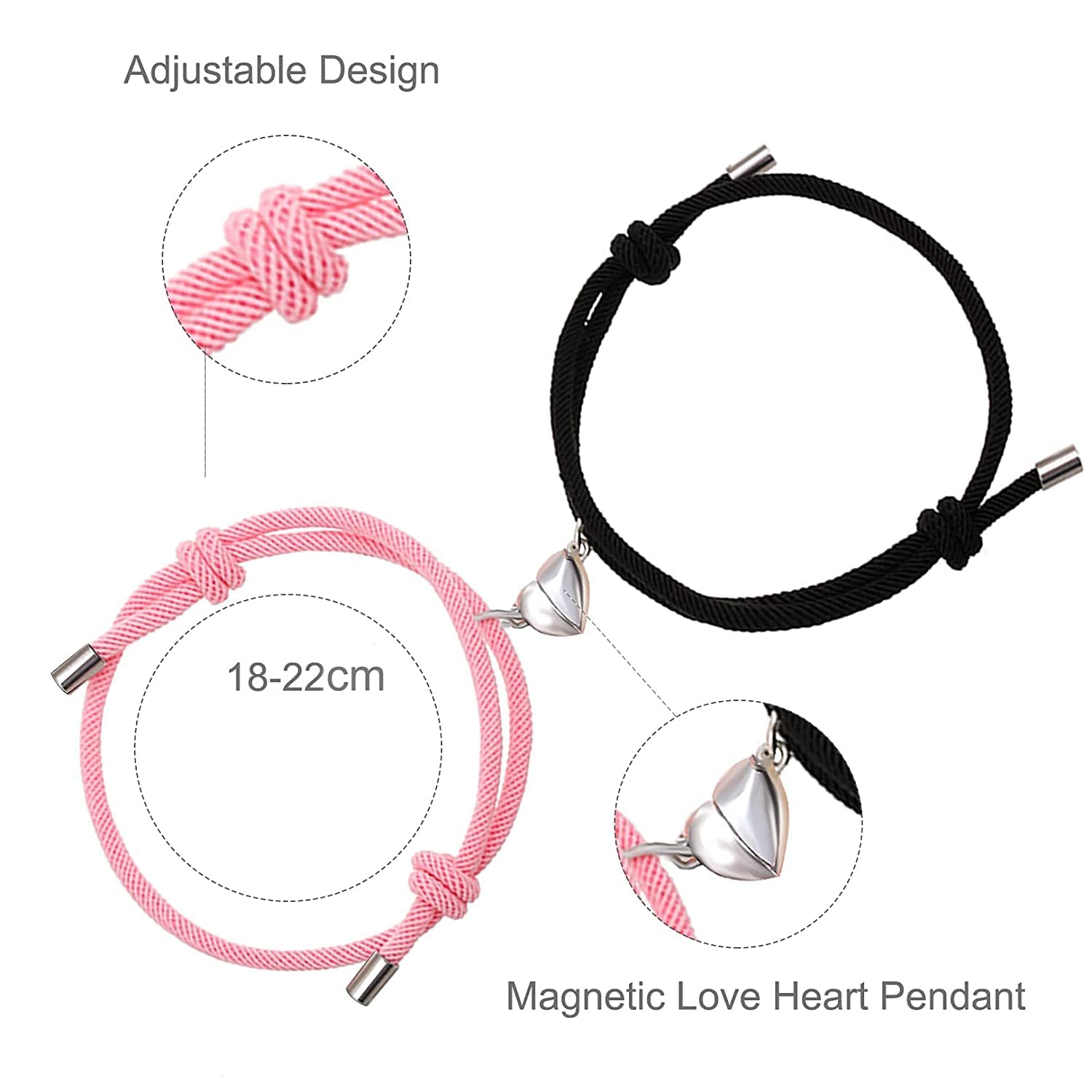 El Regalo Mutual Attraction Magnet Matching Couple Rope Braided Bracelet Set for Men and Women (Pink & Black Heart)