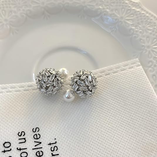 El Regalo Cute & Luxury Ear Jacket Crystal Ball Double Sides Stud Earrings for Women Girls- Elegant CZ Front Back Cartilage Studs Earring Dainty 2 in 1 Jewelry (Silver)
