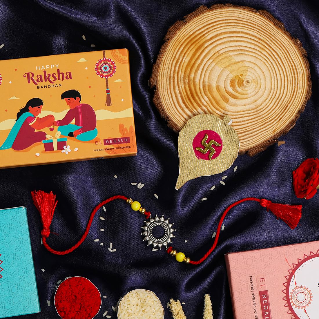 El Regalo 1PC Designer Red Thread Antique Stone Rakhi for Brother- Minimalist Antique Charm Rakhi with Roli Chawal, Rakhi Message Card in Rakhi Gift Box (Red Green)