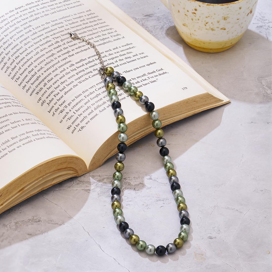 El Regalo Elegant Pearls Chain Necklace for Women/Girls- Stainless Steel Chain Necklace with Multi Green Pearls with Glass Finish for Women
