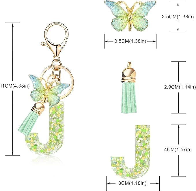 El Regalo Personalized Name Initials Butterfly Charm Keychain - Name Letters Keyring with Green Butterfly & Stars Filled Resin & Tassel Pendant, Purse, Bag, Backpack Accessory (Letter J)