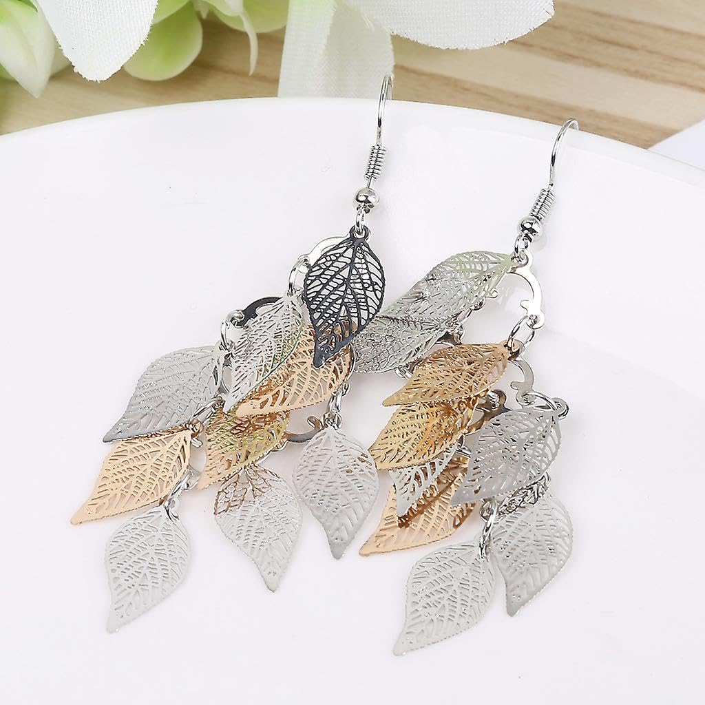 El Regalo 1 Pair Pretty Leaves Bunch Chandelier Earrings for Girls & Women- Boho Lightweight Hollow Filigree Leaves Drop Earrings (Gold Grey Shades)