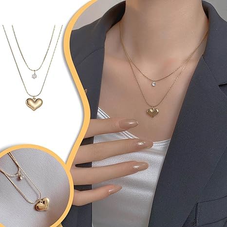 El Regalo Women & Girls Stainless Steel Double Layer Heart & Crystal Pendants Necklace- Glamorous Anti Tarnish Yabi Wind Double Clavicle Chain Female Love Pendant Necklace