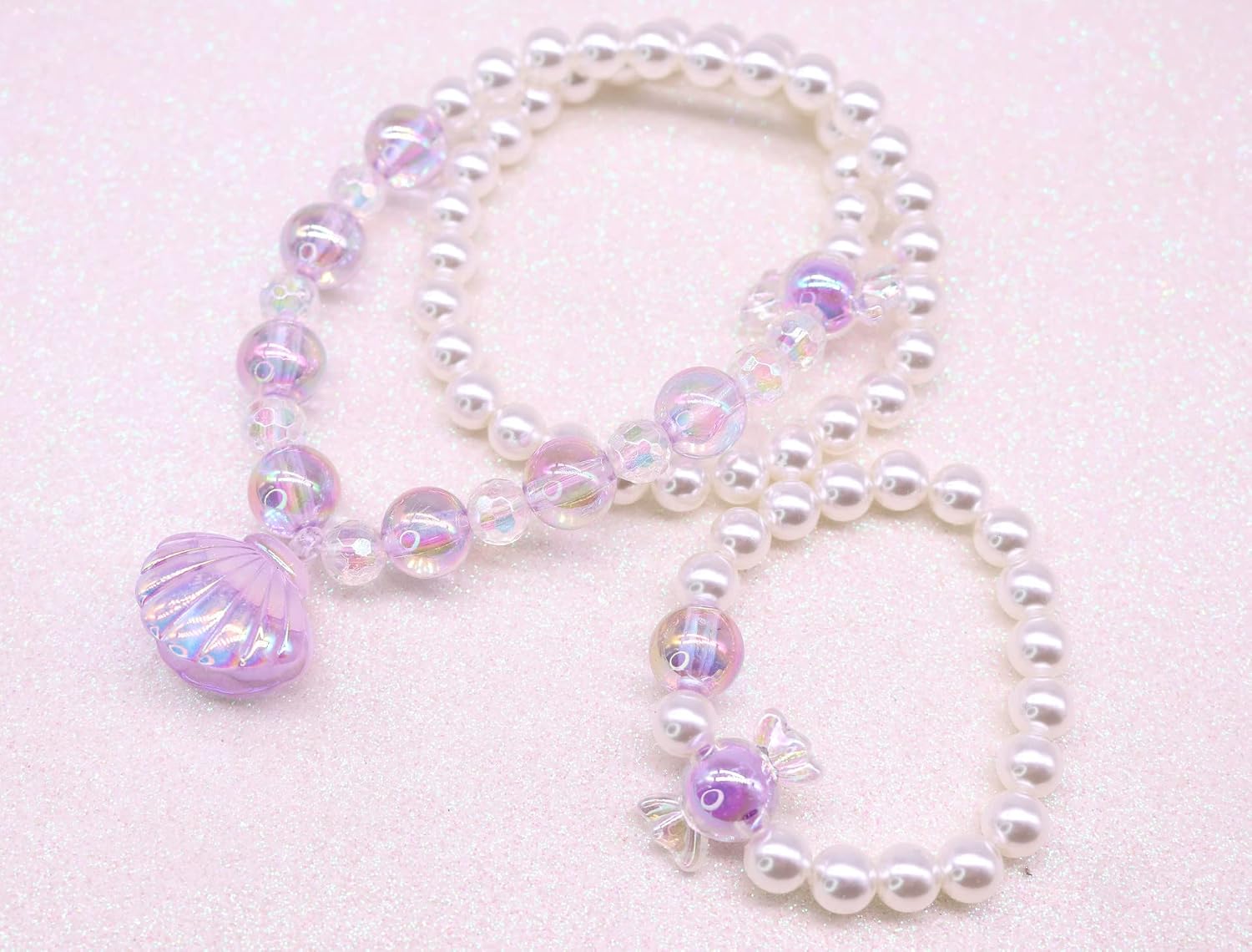 El Regalo 1 Pair Girls Kids Shiny Pearl Shell Princess Necklace & Bracelet Sets- Acrylic Shell Beads Oyster Pearl Princess Necklace Bracelet Jewelry Set for Girls Kids (Purple)