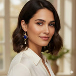 El Regalo Beautiful Traditional Drop Earrings with Pearls for Women & Girls - Elegant Gold Plated Hook Earrings (Blue Sapphire)