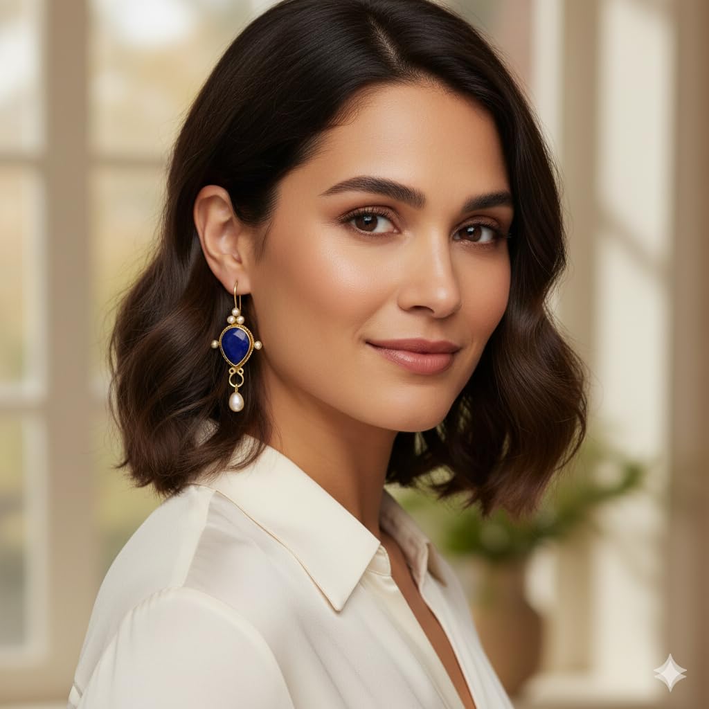 El Regalo Beautiful Traditional Drop Earrings with Pearls for Women & Girls - Elegant Gold Plated Hook Earrings (Blue Sapphire)