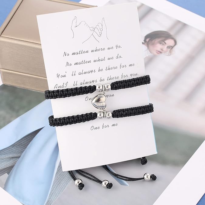 El Regalo Unisex-Adult 2PCs BFF Best Friend Magnetic Heart Couple Bracelet Set for Couples/Best Friends/Besties/Lovers (Both Black Heart)
