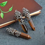El Regalo 1PC Flower Wrapped Hexagonal Healing Natural Stones Point Pendant Unisex Necklace- Natural Stones Reiki Healing Crystals Necklace in Antique Silver Finish (Brown- Tiger Eye-Cord)