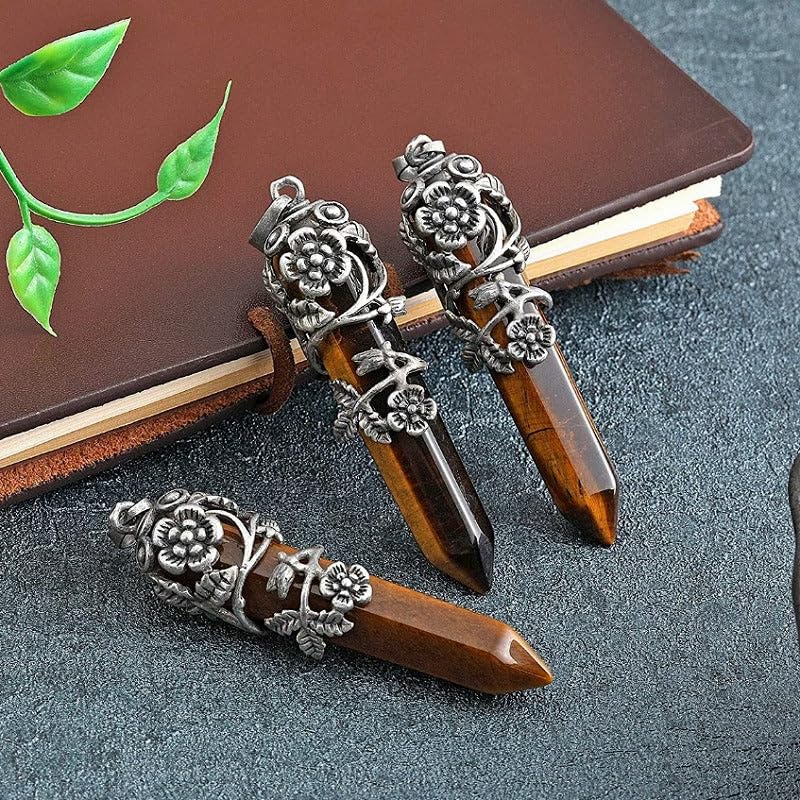 El Regalo 1PC Flower Wrapped Hexagonal Healing Natural Stones Point Pendant Unisex Necklace- Natural Stones Reiki Healing Crystals Necklace in Antique Silver Finish (Brown- Tiger Eye-Cord)