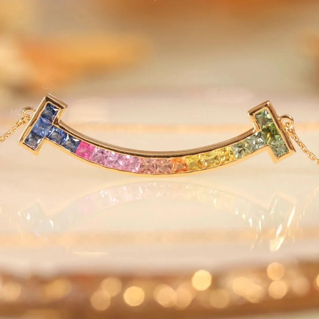 El Regalo Luxury Rainbow Smile Zircon Clavicle Chain Necklace for Girls & Women- Stainless Steel Rainbow Stones Smiley Necklace