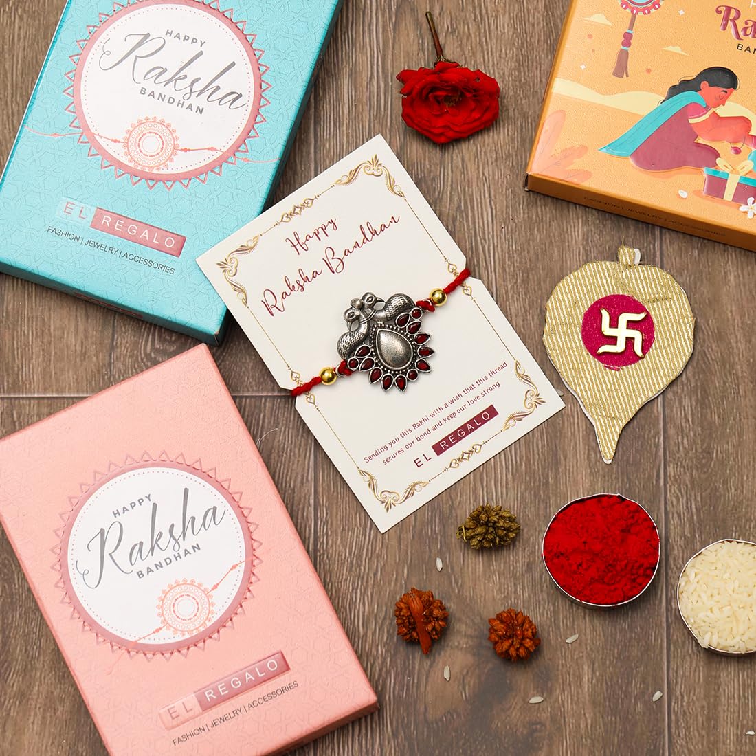El Regalo 1PC Designer Peacock Red Golden Thread Rakhi for Brother- Antique Peacock Charm Rakhi with Roli Chawal, Rakhi Message Card in Rakhi Gift Box