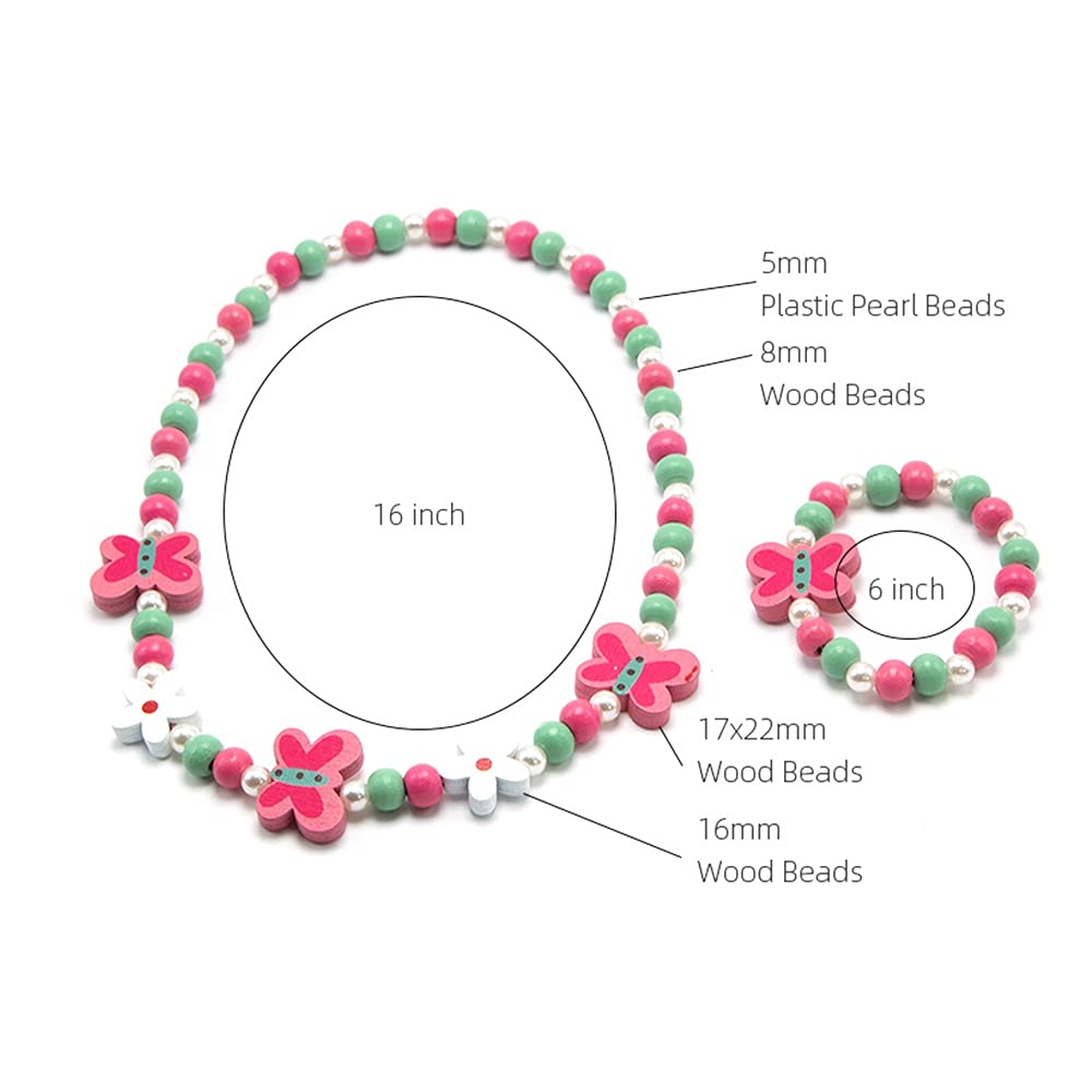 El Regalo Kids/Toddlers/Girls Wooden Beads Handmade Necklace & Bracelet Jewelry Sets (1 Necklace & 1 Bracelet): Kids Princess Jewelry Set (Butterfly Kids Jewelry Set)