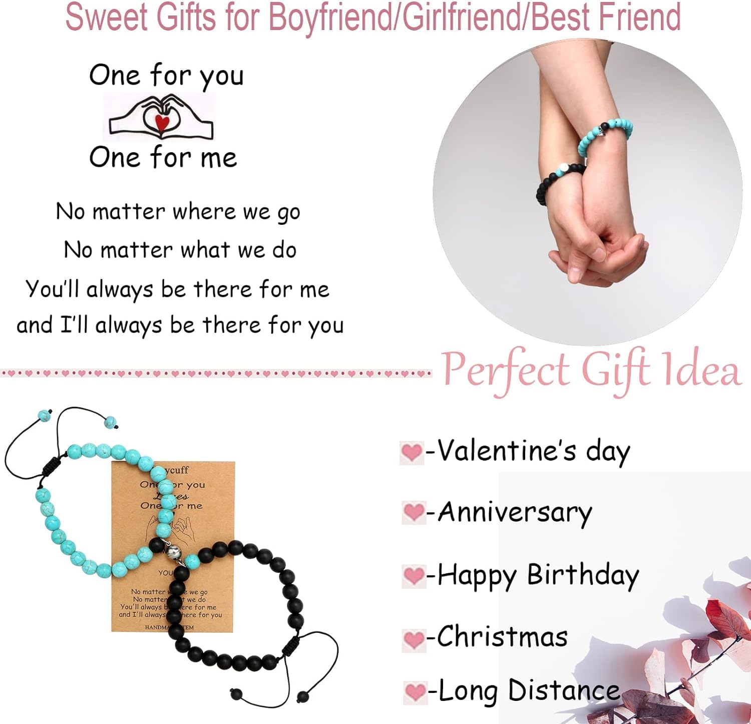 El Regalo 2PCs Magnetic Natural Stones Unisex Bracelets for Couples, Best Friend, Boyfriend & Girlfriend, Long Distance Connecting Bracelets Set- Valentines Day Gift (Turquoise & Black)