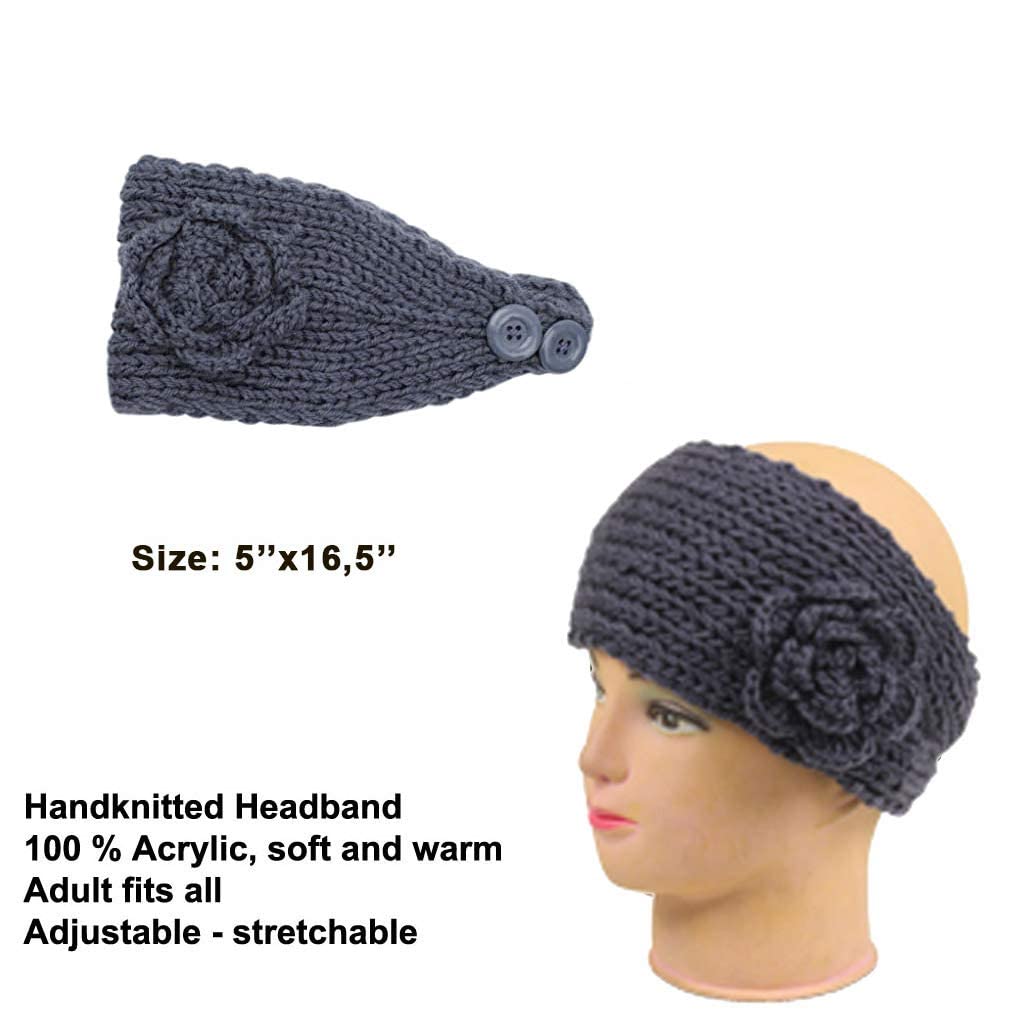 El Regalo 2 PCs Knitted Flower Warm Winter Woolen Headband with Buttons for Face Mask Cover | Cold Weather Hair Accessories Head Wrap | Winter Headbands for Girls & Women (Pack of 2) (Teal Green & Grey)