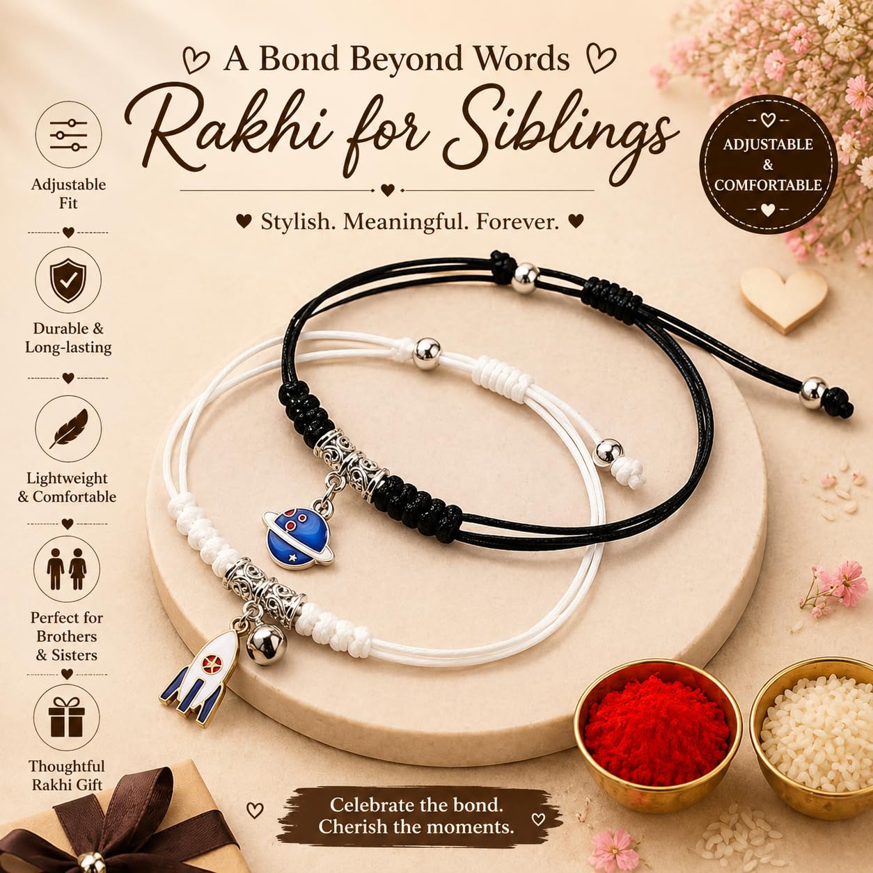El Regalo 2PCs Kids Rakhi Combo Set for Brother- Space Theme (Planet & Rocket) Charms Bracelets with Roli Chawal, Rakhi Message Card in Rakshabandhan Box