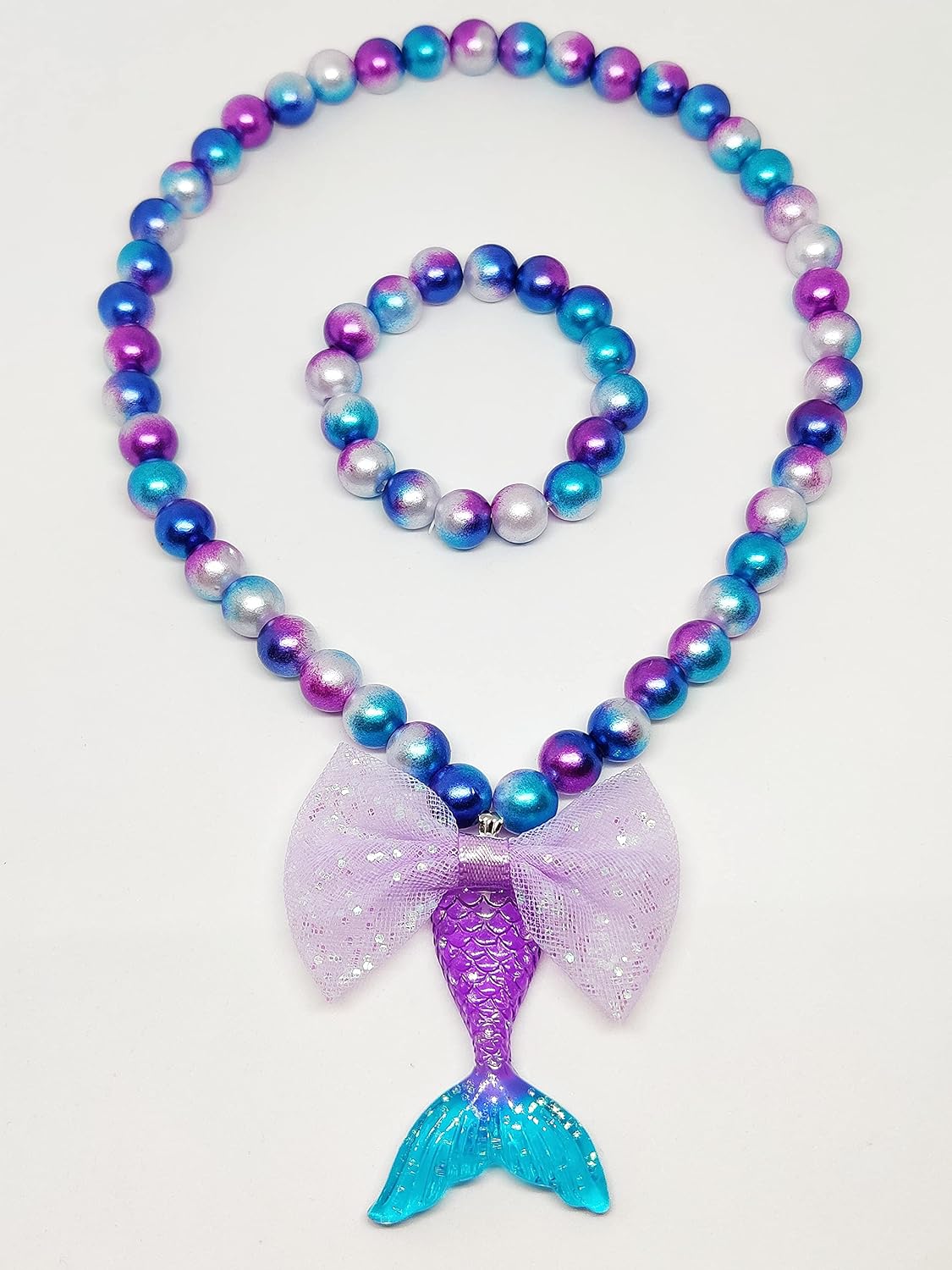 El Regalo Girls Princess Necklace Bracelet with Colorful Mermaid Shiny Beads Bow Kids Stretchy Costume Jewelry Gift Party Favors Dress up Jewelry for Little Girl Toddler (Shiny Purple)