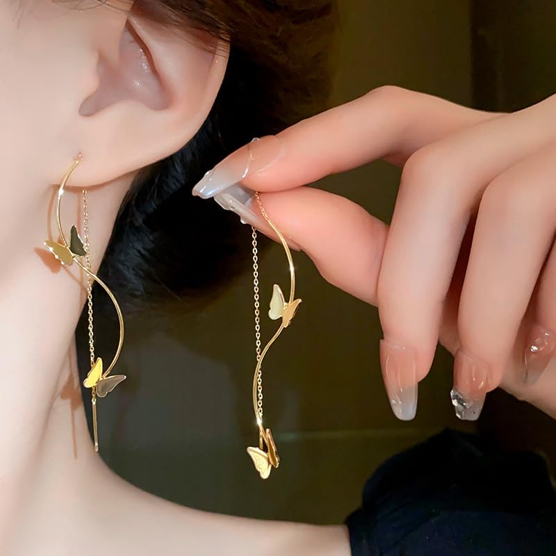 El Regalo Butterfly Threader Earrings- Needle Thread Butterfly Long Tassel Earrings for Girls & Women (Gold)