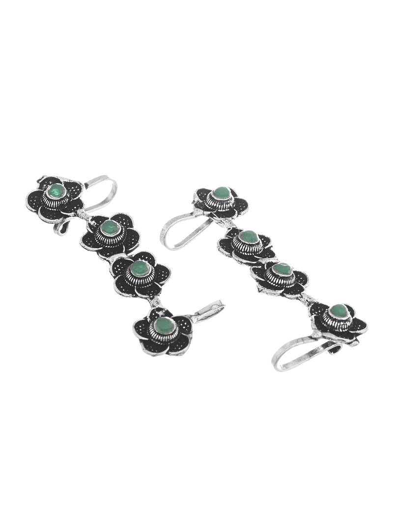 El Regalo Traditional Oxidized German Silver Non Pierced Floral Cuff Earrings for Women (Green Flower)