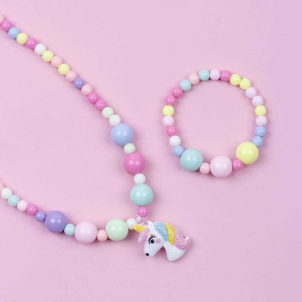 El Regalo 2 PCs Kids Girls Colorful Jewelry Sets - Kids Candy Color Beads Necklace & Bracelets Jewelry Sets for Kids Girls & Toddlers (Unicorn Set)