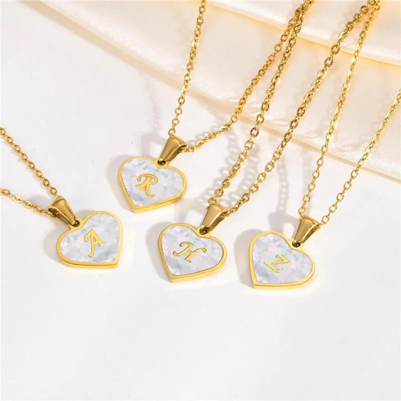 El Regalo Unisex Personalized Heart Name Initial Letters Pendant Necklaces - Stainless Steel Golden Heart Mother of Pearl Name Initials Letters Jewelry - Hypoallergenic Cursive Letters (A-Z) (F)