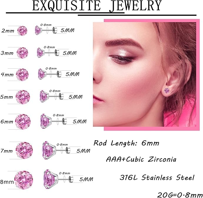 El Regalo Bold & Bright 14 Pcs (7 Pairs) Flat Back Stud Earrings Set for Women & Men - 316L Surgical Stainless Steel Hypoallergenic Earrings for Sensitive Ears - 2-8mm Pink & Blue Cubic Zirconia Screw Back Cartilage Piercing Jewelry (20G) (Pink)