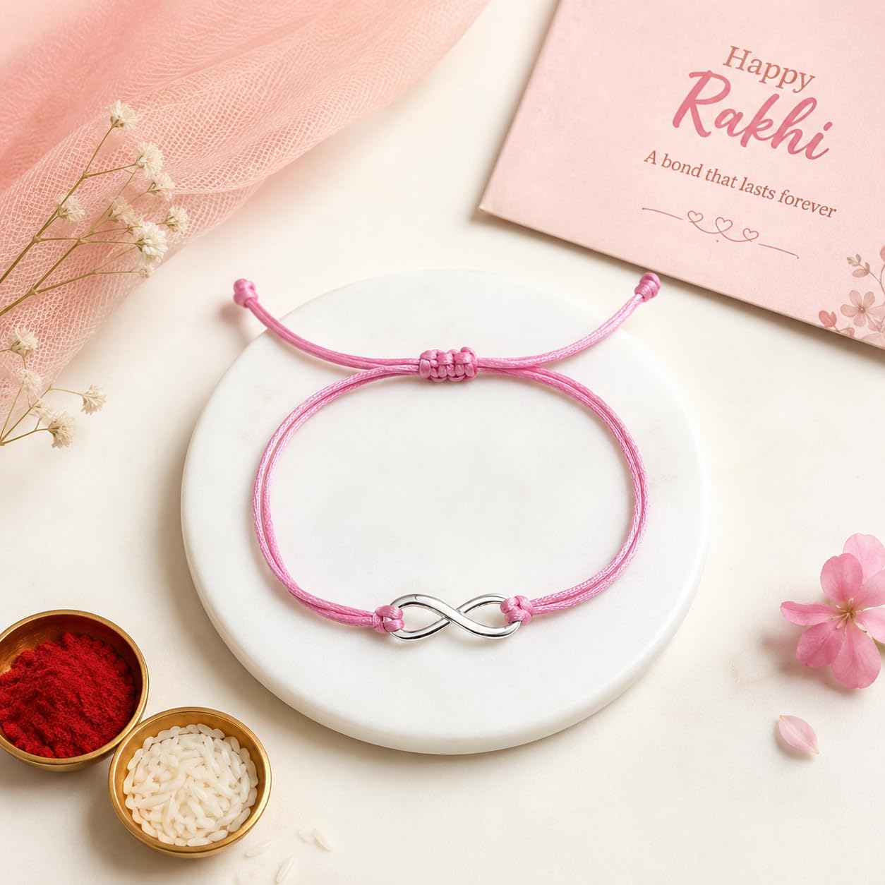 El Regalo 1PC Minimalist Infinity Rakhi for Brother- Simple Infinity Rakhi with Roli Chawal, Rakhi Message Card in Rakhi Gift box for Brother (Pink)