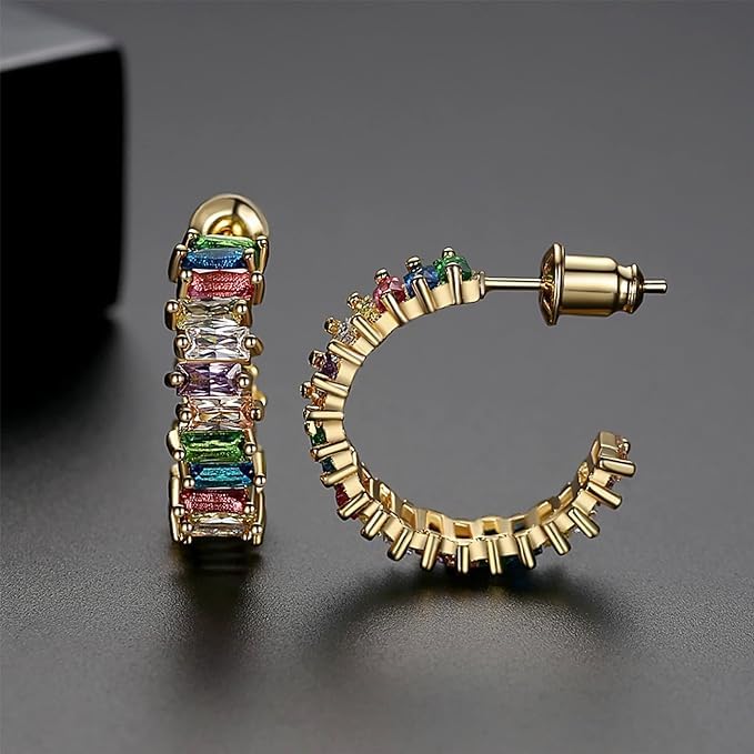 El Regalo Women's & Girl's Luxury Open C Hoop Swarvski Multi-Colored Cubic Zirconia Stainless Steel Hoop Earrings - Fashionable and Glamorous Rainbow Earrings