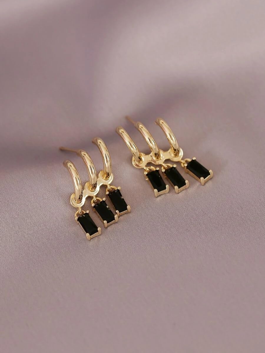El Regalo Women's & Girl's Western Triple Ear Crawler Earrings- Triple Dangling Baguette Stone Earring- Exquisite Zircon Multilayer Earrings (Golden Black)