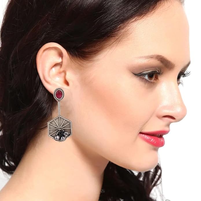 El Regalo Handmade Oxidized Silver Lookalike Brass Earrings with Red Stone and Ghungroo - Versatile Fashion Statement Earrings