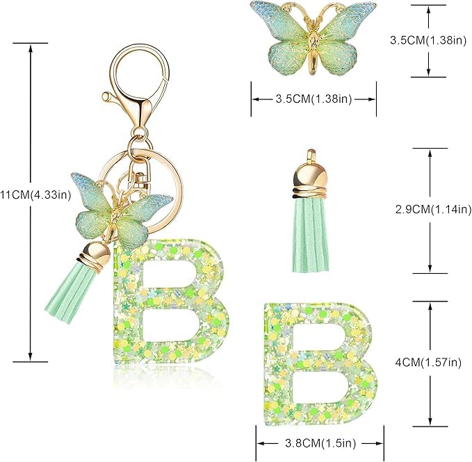 El Regalo Personalized Name Initials Butterfly Charm Keychain - Name Letters Keyring with Green Butterfly & Stars Filled Resin & Tassel Pendant, Purse, Bag, Backpack Accessory (Letter B)