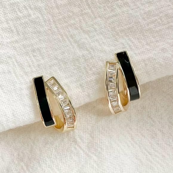El Regalo Double Row C-Hoop Earrings for Women & Girls | Hypoallergenic Geometric Studs | Cubic Zirconia & Enamel/Shell Inlay | Elegant Daily, Office & Party Earrings Jewellery (Black)
