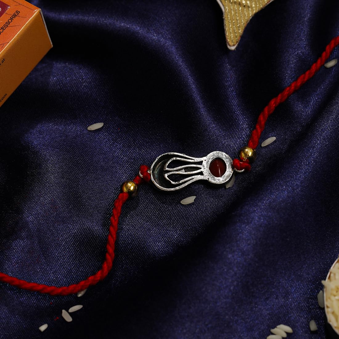 El Regalo Auspicious Shiva Trishool Red Stone Designer Thread Rakhi for Brother- Antique Trident Rakhi with Roli Chawal Shagun, Message Card in Rakshabandhan Gift Box