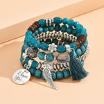 El Regalo 4Pcs/Set Vintage Bohemia Style Wing Beads Tassel Unisex Bracelet - Stackable Multi-layer Modern Charm Bracelets with Wings and I Love You Charms Bracelets (Blue)
