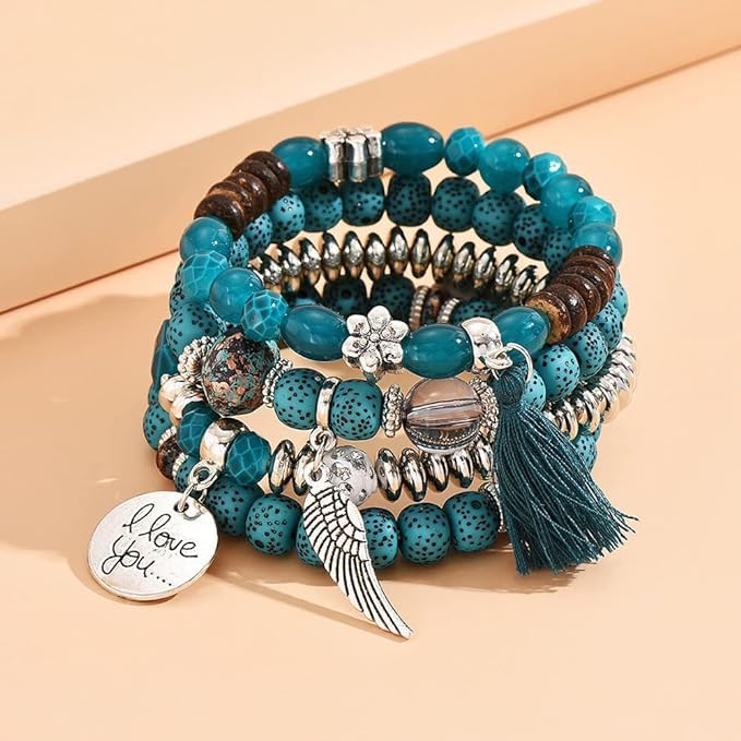 El Regalo 4Pcs/Set Vintage Bohemia Style Wing Beads Tassel Unisex Bracelet - Stackable Multi-layer Modern Charm Bracelets with Wings and I Love You Charms Bracelets (Blue)
