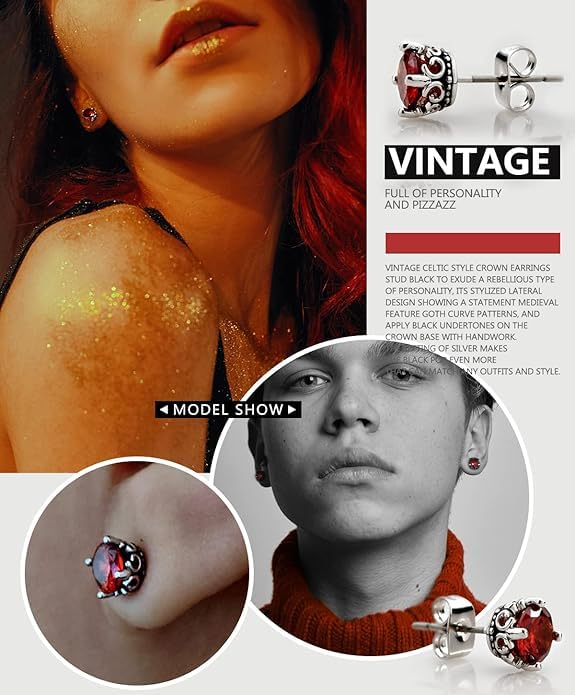 El Regalo Unisex Retro Vintage Garnet Red Stones Stud Earrings - Stainless Steel CZ Crown Earrings, Hypoallergenic 316L Stainless Steel, Red Crystal Earrings, Simulated Garnet, 6mm Studs