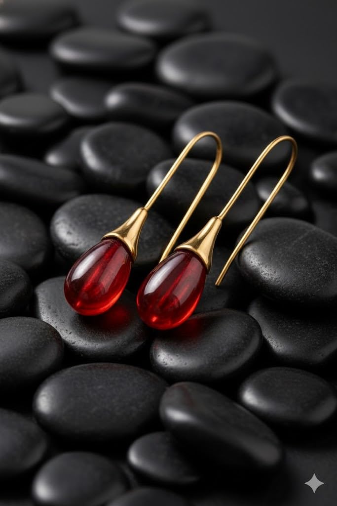 El Regalo Beverly Mint Designs Minimalist Teardrop Drop Earrings for Women & Girls - Classy Pastel Glass Stone Dangle Hooks for Western & Indo-Western Outfits (Garnet Red)