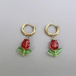 El Regalo Cute Tulip Flower Stainless Steel Hoop Earrings- Dangle Tulip Flower Bud Huggie Hoop Anti Tarnish Earrings for Girls & Women (Red Rose Bud)