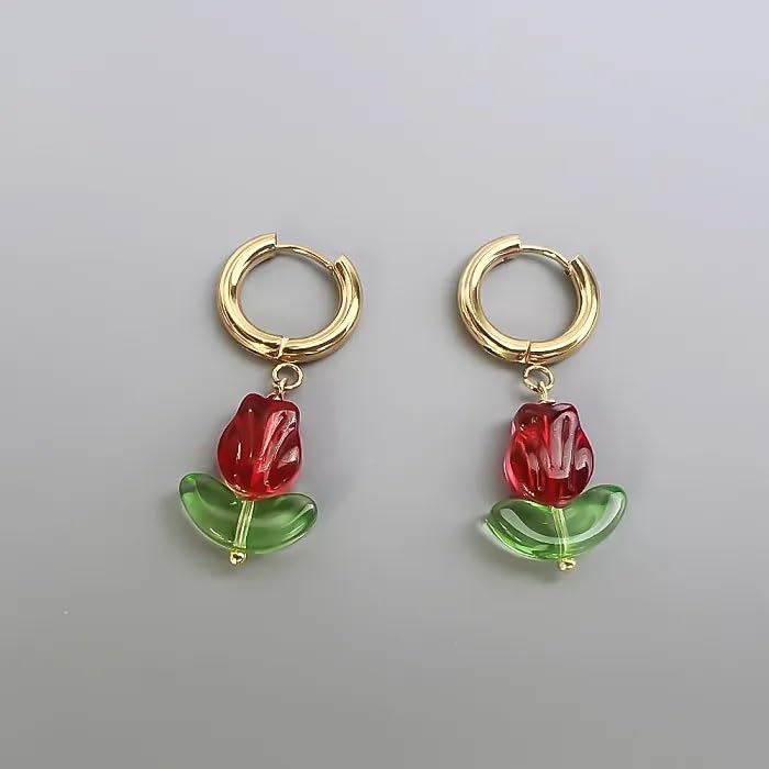 El Regalo Cute Tulip Flower Stainless Steel Hoop Earrings- Dangle Tulip Flower Bud Huggie Hoop Anti Tarnish Earrings for Girls & Women (Red Rose Bud)
