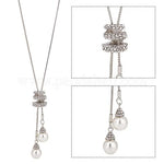 El Regalo Fancy Long Rhinestone Pearls Drop Pendant Adjustable Long Necklace for Girls & Women - Sweater Chain Pendant Neclace (Silver)
