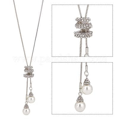El Regalo Fancy Long Rhinestone Pearls Drop Pendant Adjustable Long Necklace for Girls & Women - Sweater Chain Pendant Neclace (Silver)