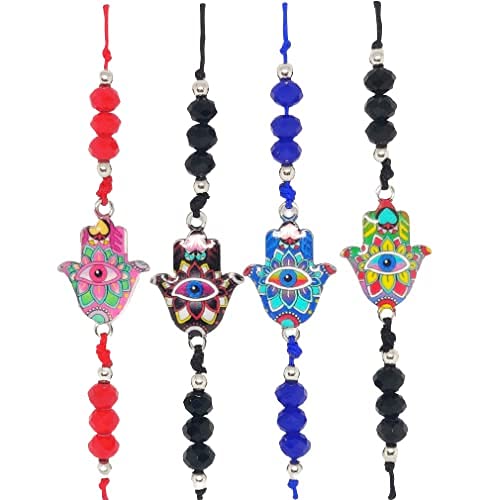 El Regalo Set of 4 Hamsa Hand Rakhi for bhaiya Bhabhi - Hand Painted Hamsa Hand Rakhi for Brother Bhai Bhabhi Bhaiya - Hamsa Nazar Amulet Thread Rakhis for Kids and Adults Unisex (Option2)