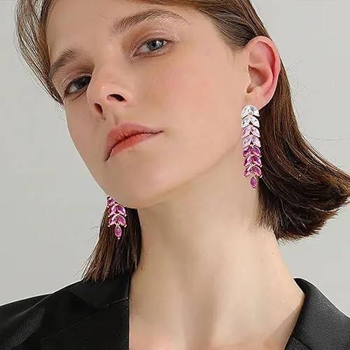 El Regalo Gradient Crystal Long Chandelier Tassel Dangle Earrings - Rhinestone Leaf Drop Statement Earrings for Women, Lightweight, Comfortable, Sparkling Jewelry (Pink)